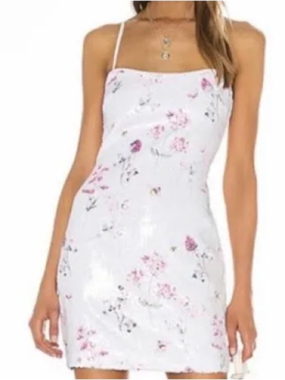 Sequin White Floral Slip Dress with Pink Accents